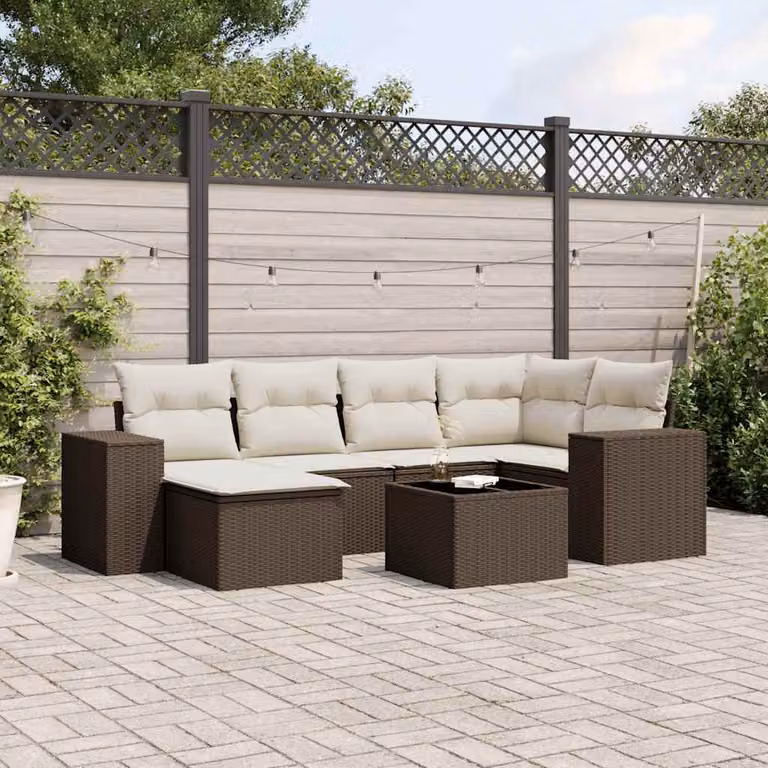 Set di divani da giardino vidaXL 7 pezzi con cuscini marroni e bianchi in polyrattan e acciaio con tavolino da esterno e pouf a forma di L