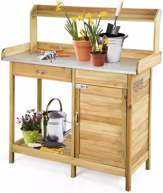 Tavolo da giardinaggio materiale ligneo, Armadietto con 3 ganci perfetto per esterni e giardini Naturale