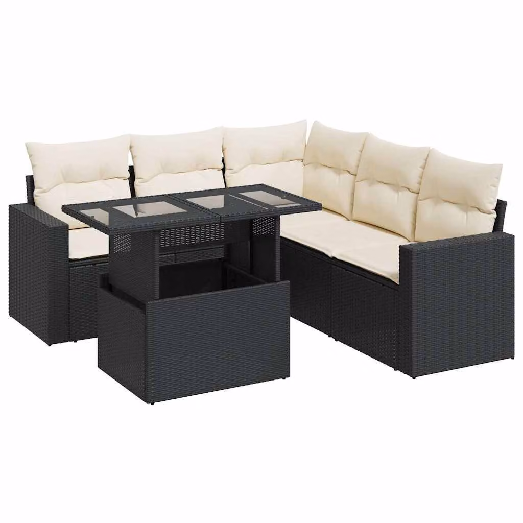 Set Divano da Giardino 6 pz con Cuscini Nero in Polyrattan