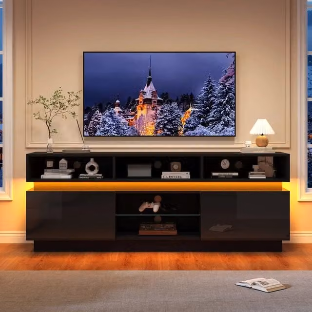 Mobile TV con LED e 10 vani; 160 x 35 x 60 cm; MDF e vetro temperato; nero