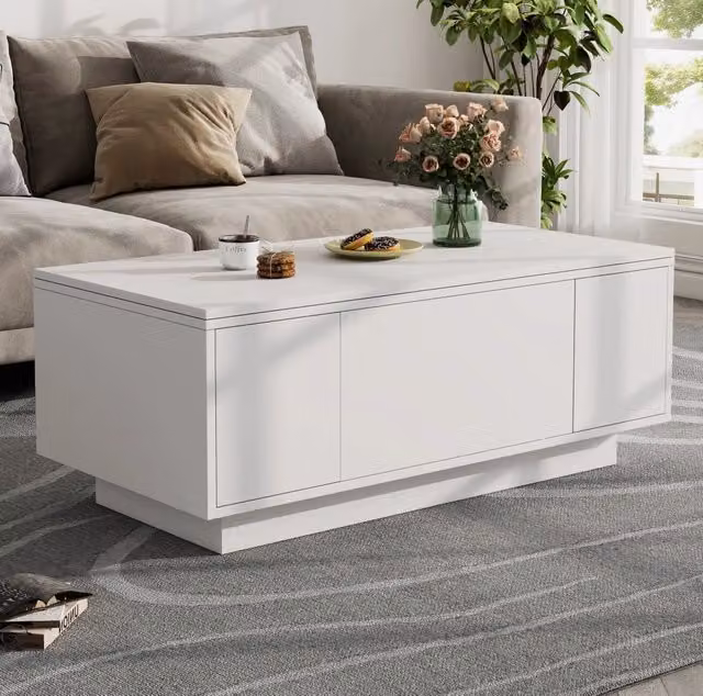 Tavolino da salotto con doppio piano sollevabile e vano contenitore; 100 x 50 x 43 cm; bianco