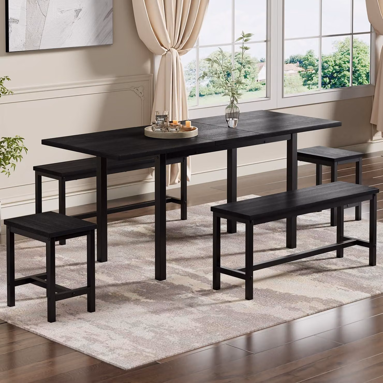 Set tavolo da pranzo con 4 sedie, allungabile da 120 a 160 cm, in MDF nero