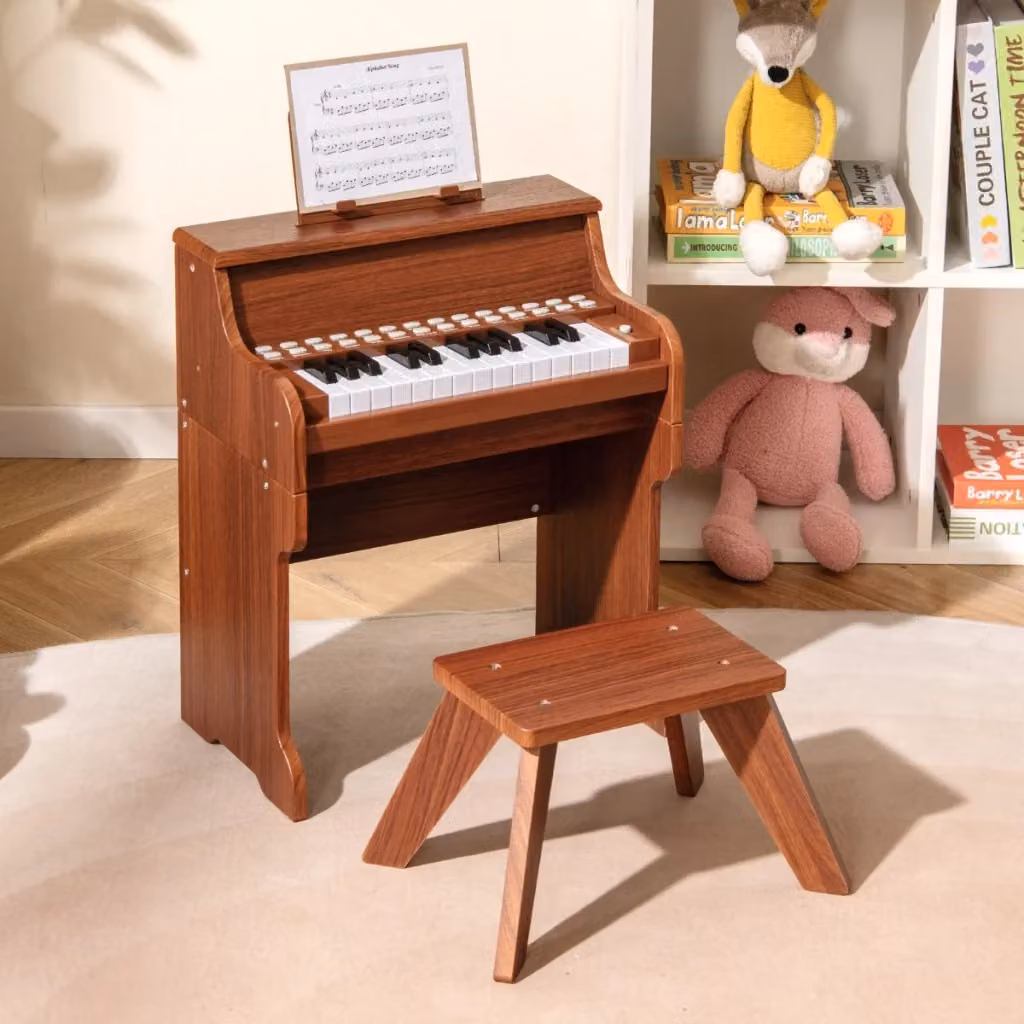 Mini tastiera pianoforte digitale Design Mania per bambini con 25 tasti e sgabello, in legno e plastica, colore marrone – 2