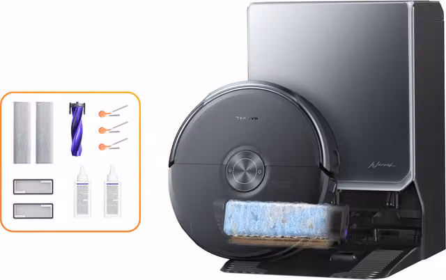 Narwal Flow 2 con pacchetto di manutenzione annuale, robot aspirapolvere e lavapavimenti grigio con stazione di pulizia automatica e acqua calda