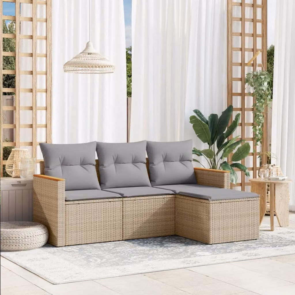 vidaXL Set Divano da Giardino a L 4 pz con Cuscini Beige e Grigio in Polyrattan e Acciaio – 1
