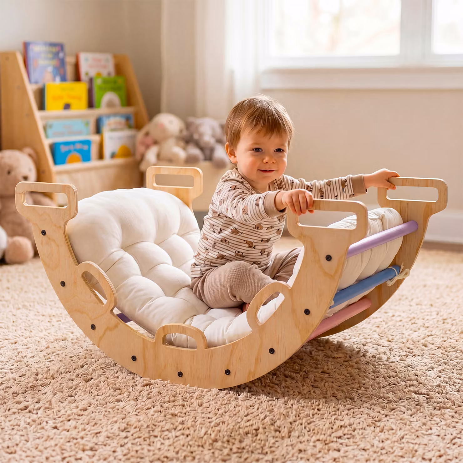 Arco da arrampicata per bambini Costway in legno massello multicolore con cuscino morbido e 10 maniglie