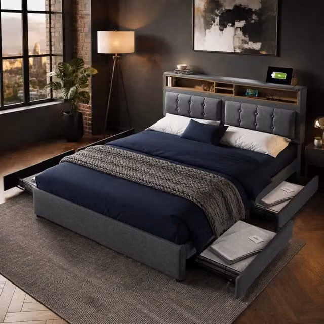 Letto matrimoniale imbottito 140x200 cm con 4 cassetti; testiera regolabile; USB e prese; grigio