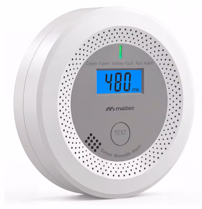 Sensore di monossido di carbonio MalTec SafeSensor 4500, rilevatore di CO con display LCD, sensore di monossido di carbonio, 85 dB, alimentato a batteria, display PPM, colore bianco