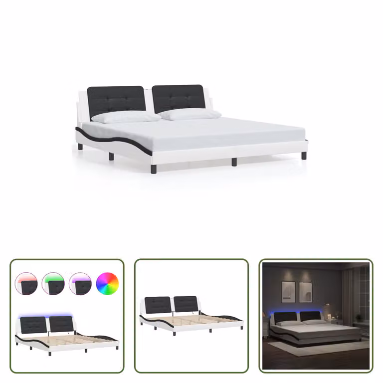 The Living Store Struttura letto con LED bianco e nero 200x200 cm in ecopelle