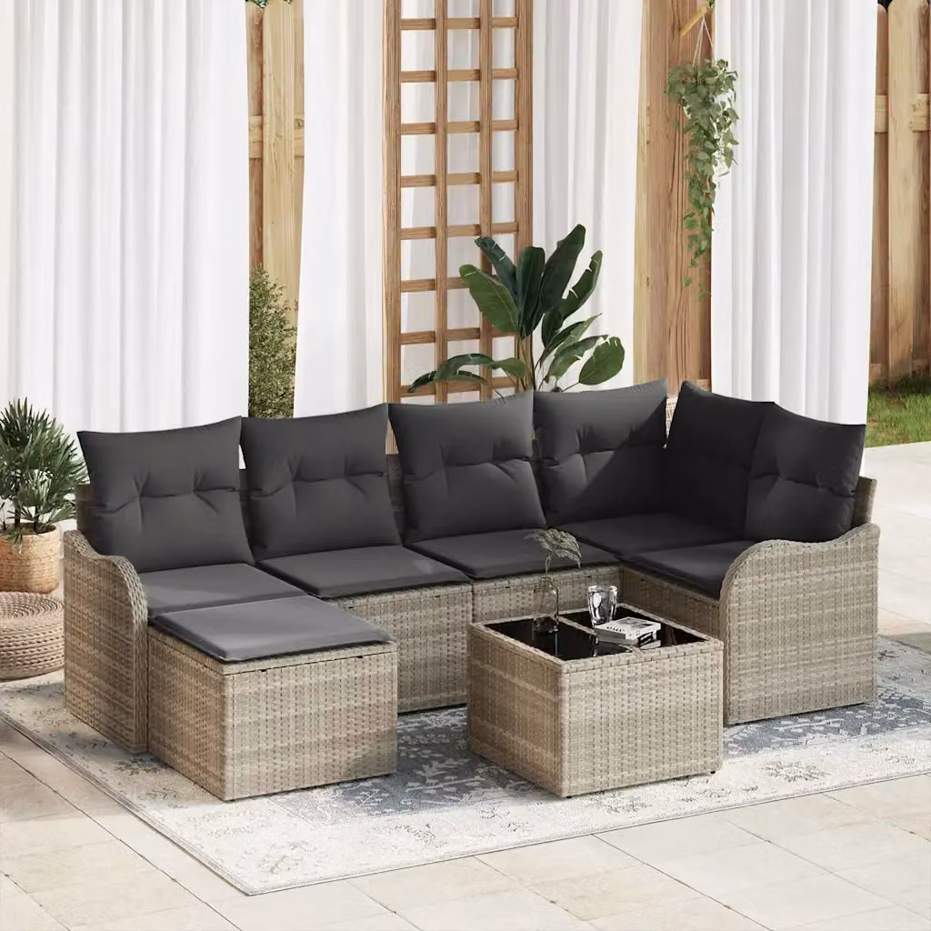 Set Divano da Giardino a L vidaXL in Polyrattan Grigio con Cuscini e Tavolino da Esterno 7 Pezzi – 1