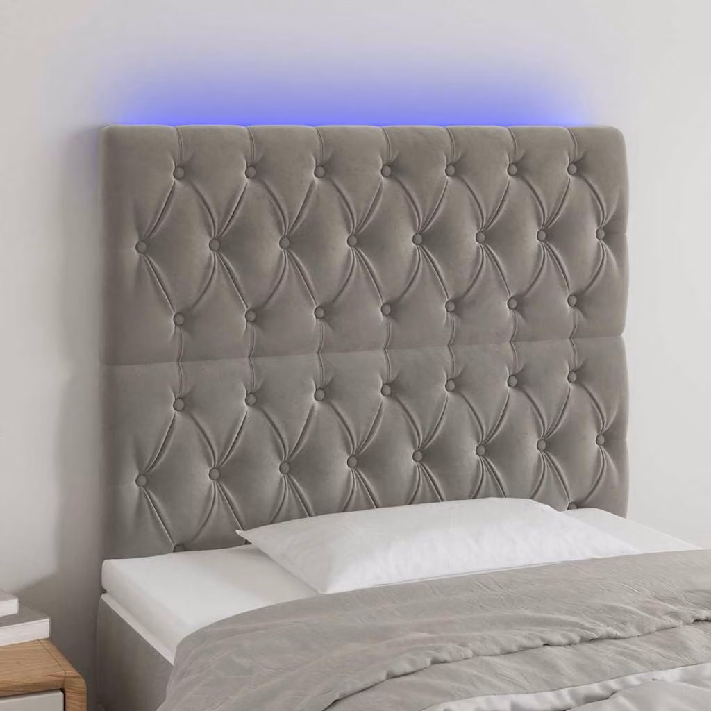 Testiera per letto vidaXL in velluto grigio con illuminazione LED e porta di ricarica USB, L 90 cm, H 118-128 cm, P 7 cm