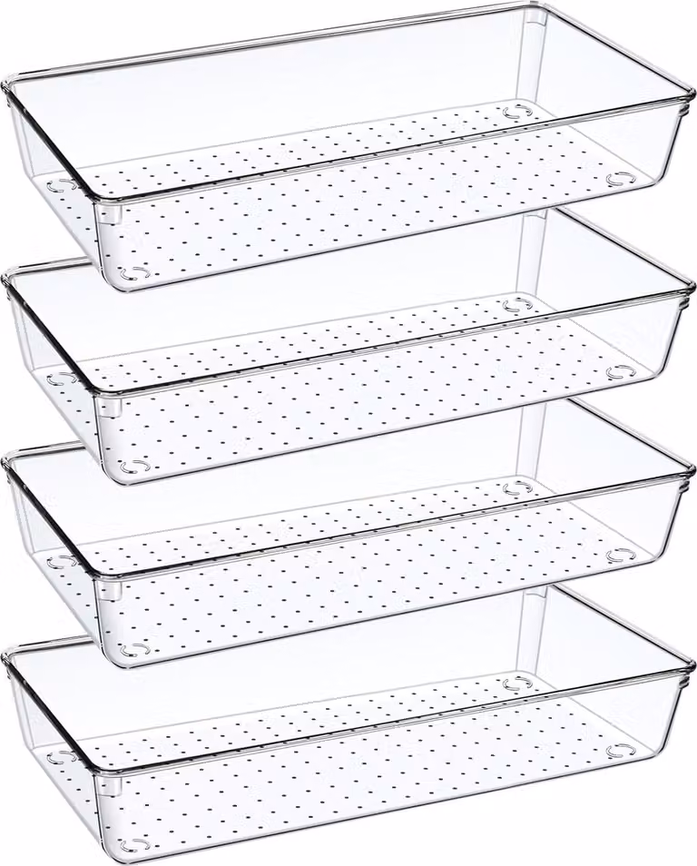 set di organizzatori per cassetti trasparenti da 4 pezzi, sistema di organizzatori per cassetti grandi da 30 cm per tavoli da toilette, organizzatore per cassetti per il trucco per il bagno, per la cucina, per i cosmetici, per la scrivania, per l'ufficio,