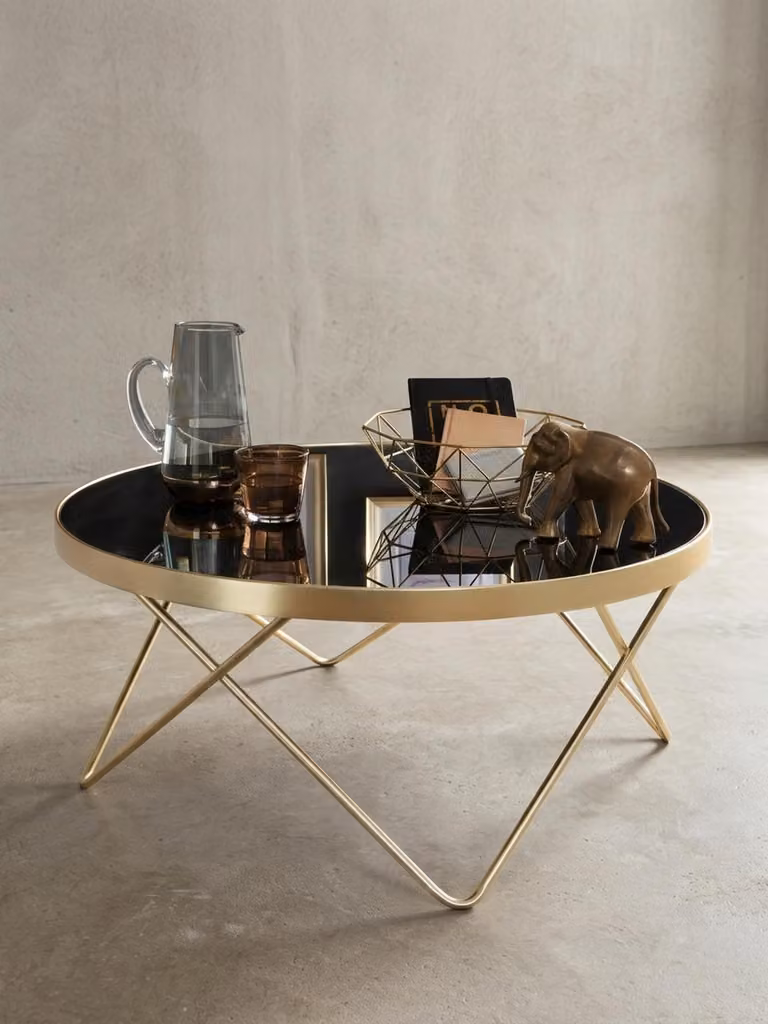 Tavolino Ø 82 cm Nero / oro opaco Tavolino in metallo/vetro, Tavolo con piano in vetro, Tavolino moderno, Grande tavolo da salotto, Tavolo in vetro con struttura in metallo