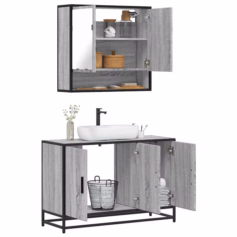 Set Mobili da Bagno 2 pz vidaXL in Stile Industrial Grigio con Mobile Lavabo e Armadietto Specchio