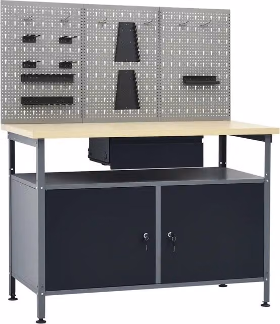 Banco da Lavoro con 3 Pannelli a Parete vidaXL in Acciaio, Regolabile in Altezza, Grigio e Nero, L: 120 cm, P: 60 cm, H: 85 cm