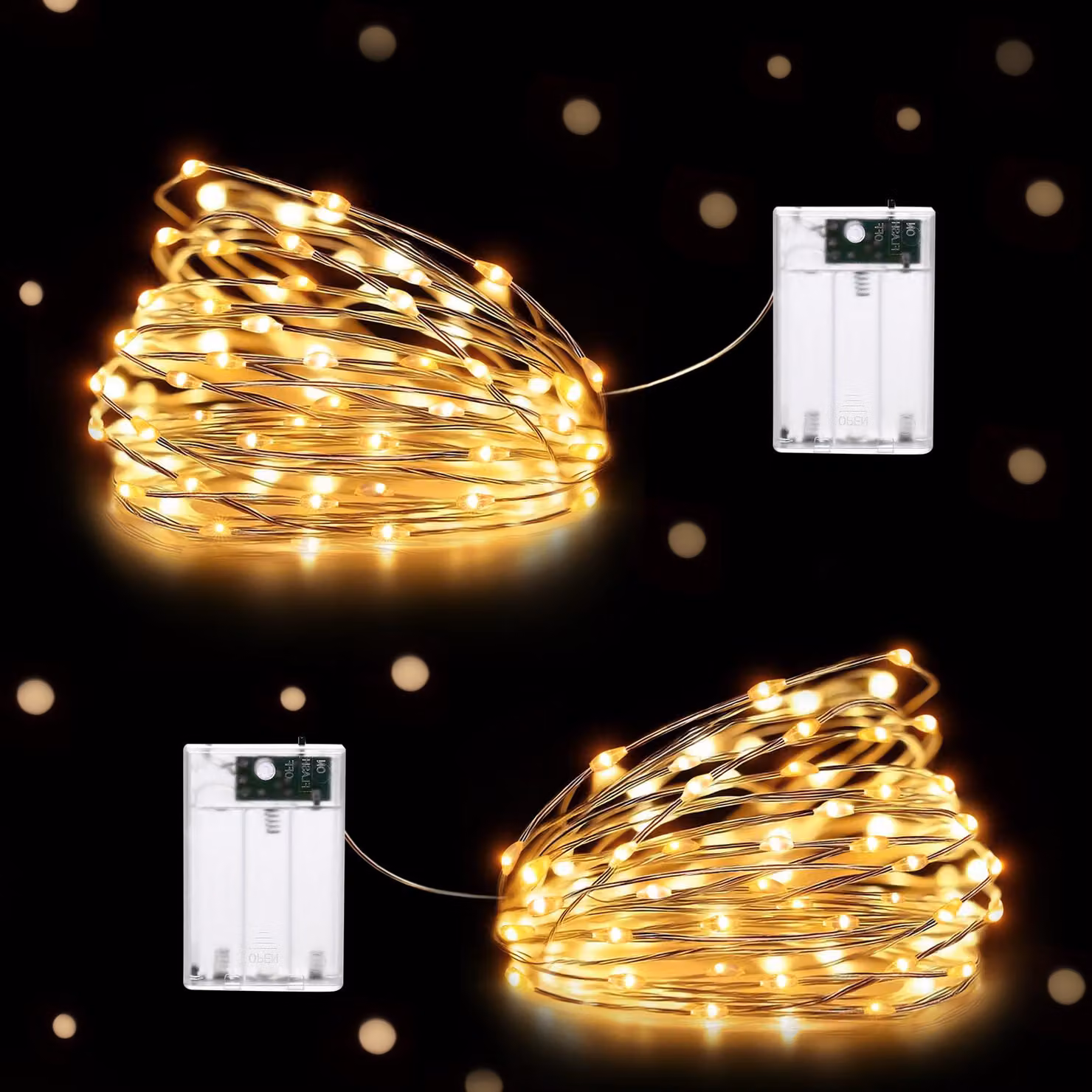 Catene luminose da 5 metri, 50 LED, luce bianco caldo, confezione da 2 pezzi, alimentazione a batteria, grado di protezione IP44