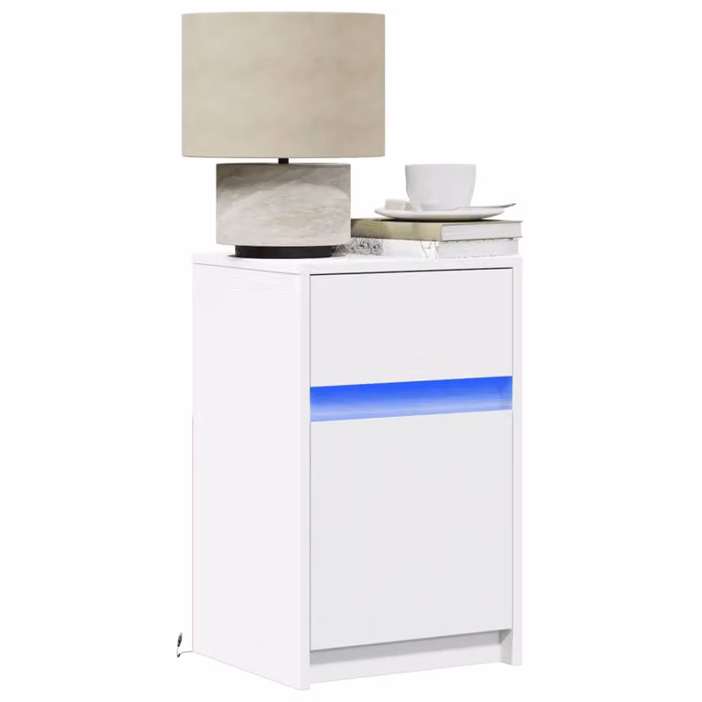 Comodino moderno vidaXL bianco con luci LED integrate e porta USB in legno, sospeso a parete, L: 61,0 cm, P: 34,0 cm, H: 38,0 cm