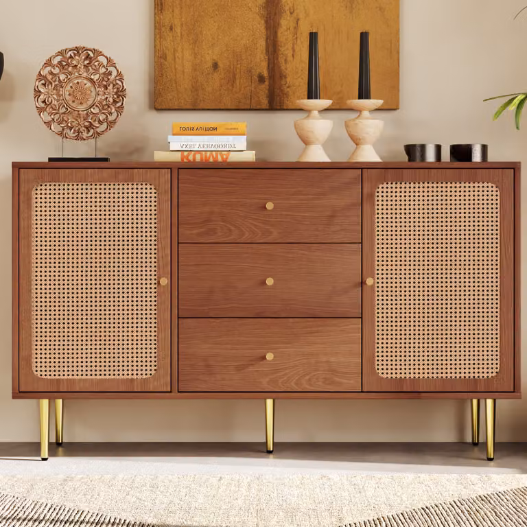 Cassettiera Merax da 150 cm con 2 ante e 3 cassetti, cassettiera vintage in rattan con ripiano regolabile in altezza e gambe in metallo, noce, MDF