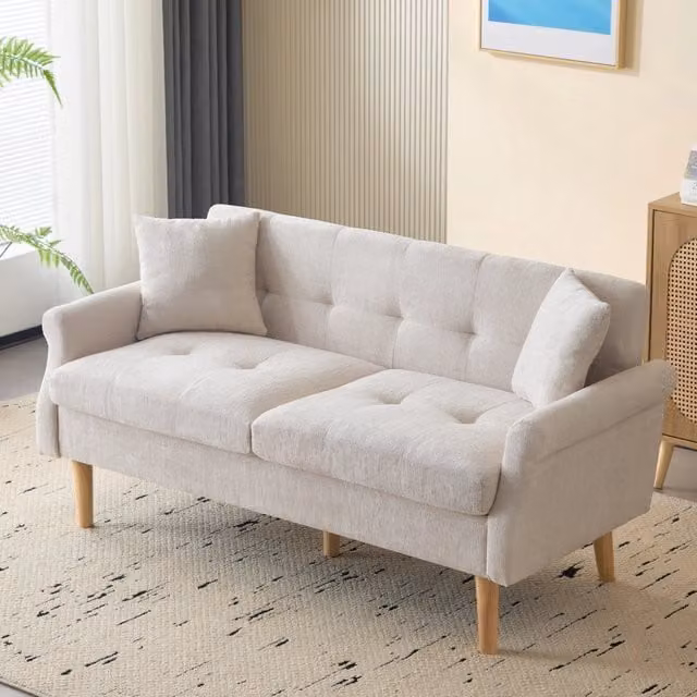 Divano compatto a 2 posti in ciniglia con cuscini spessi e braccioli ergonomici per soggiorno beige 162 × 74 × 77 cm