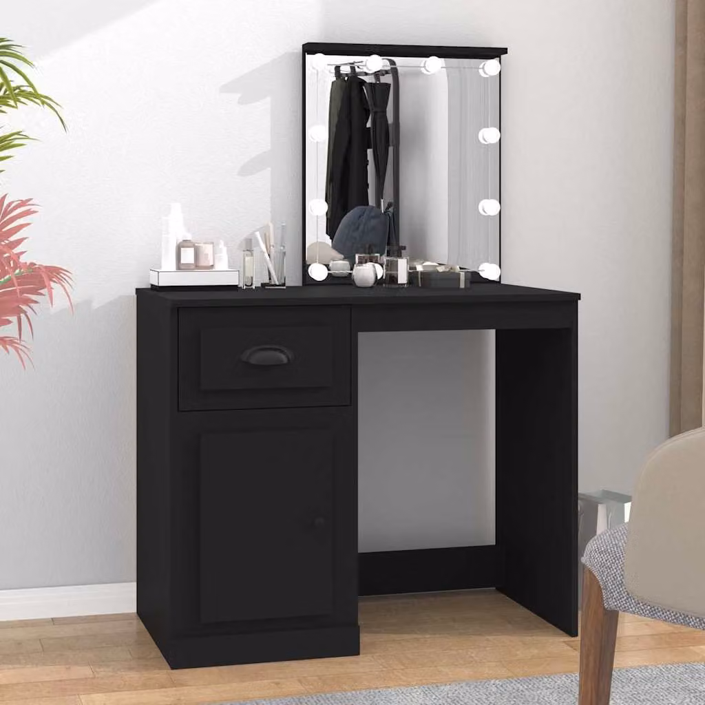 vidaXL Toeletta Hollywood con LED Nera in Legno Multistrato L: 90 cm, P: 50 cm, H: 132,5 cm