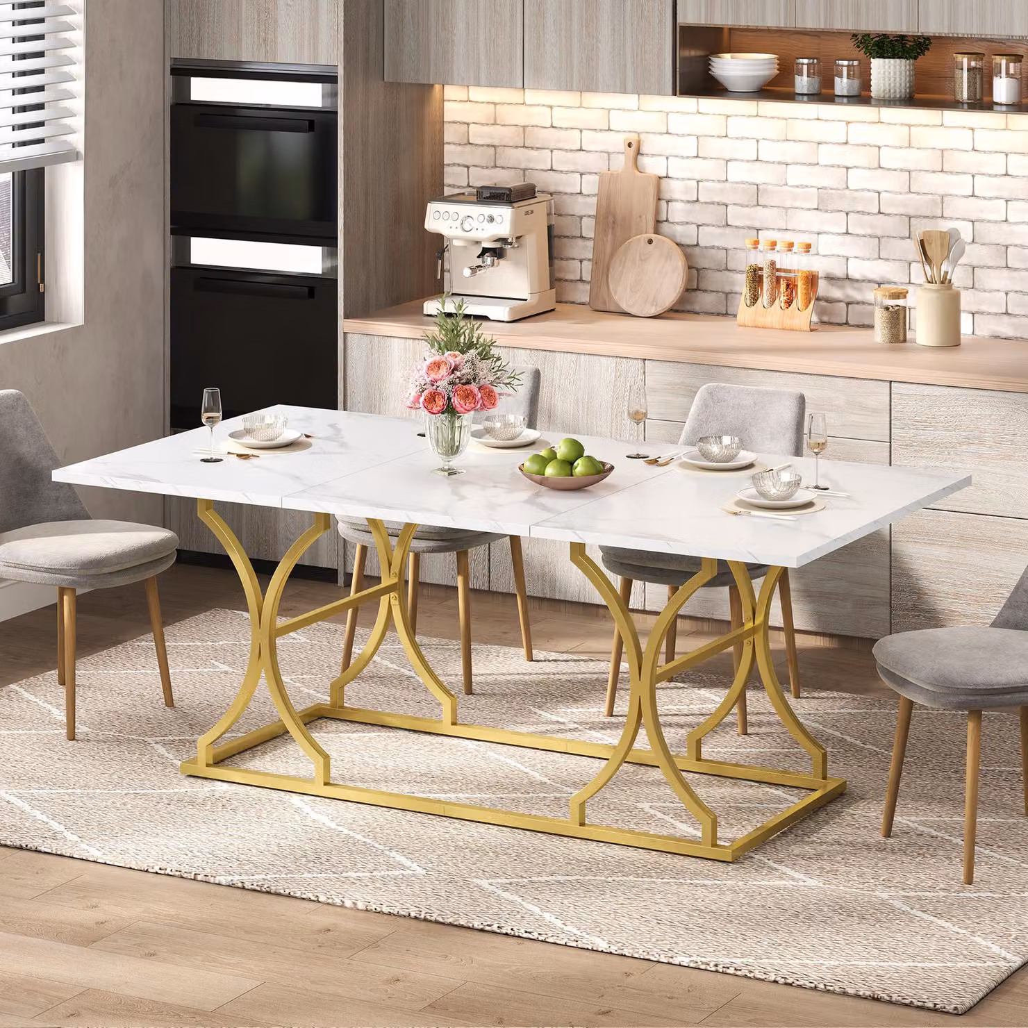 Tavolo da pranzo rettangolare Flieks, tavolo da cucina per 8-10 persone, tavolo da pranzo in marmo, 200x80x76cm, tavolo con gambe in metallo dorato, bianco