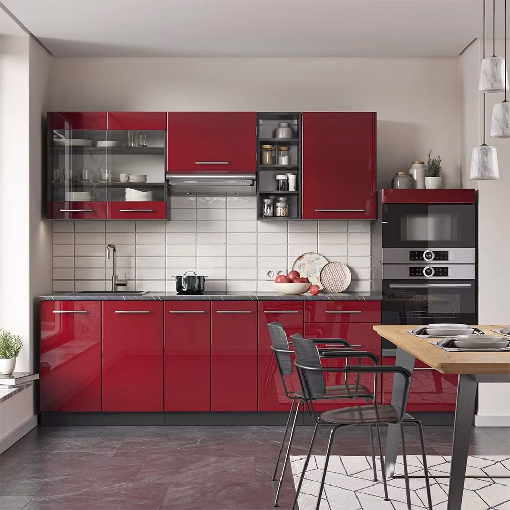 Cucina componibile moderna Vicco Fame-Line Bordeaux lucido e Antracite, L: 280 cm – 2