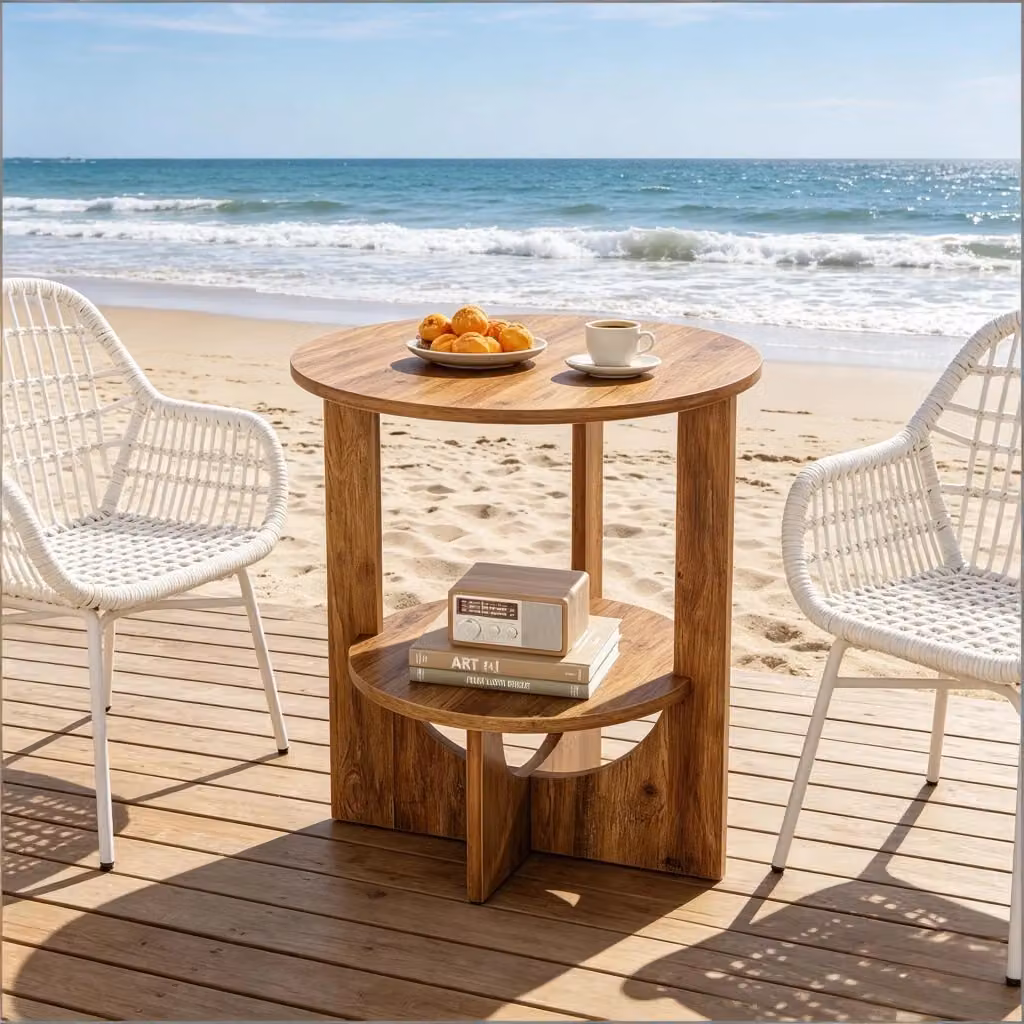 Tavolino basso rotondo OKWISH con 2 ripiani e struttura a X in MDF marrone rustico per soggiorno, camera da letto o ingresso, L/P/H: 50 x 50 x 65 cm – 2
