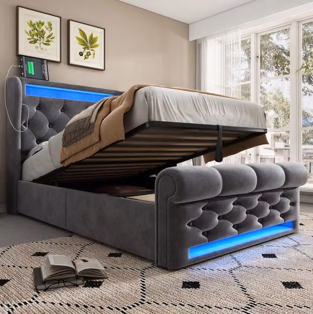 Letto imbottito 90x200 cm grigio con materasso, LED, USB-C e vano contenitore