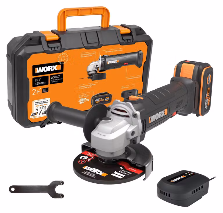 WORX WX807, smerigliatrice angolare a batteria da 20V, inclusa batteria e caricabatterie, tecnologia PowerShare