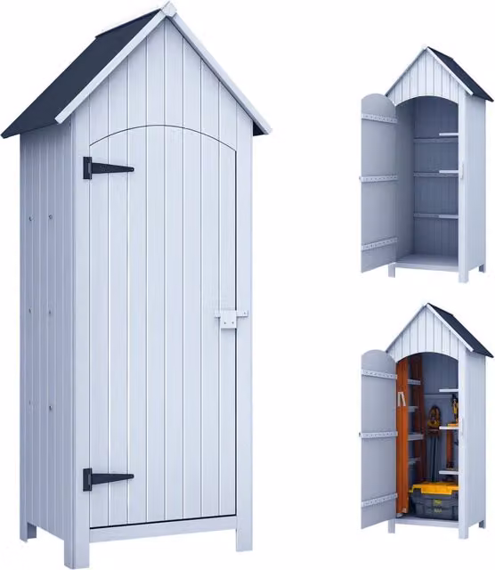 Casetta Porta Attrezzi in Legno a 3 Mensole con Tetto Impermeabile in Bitume, 77.5x54.2x179.5 cm, Bianco