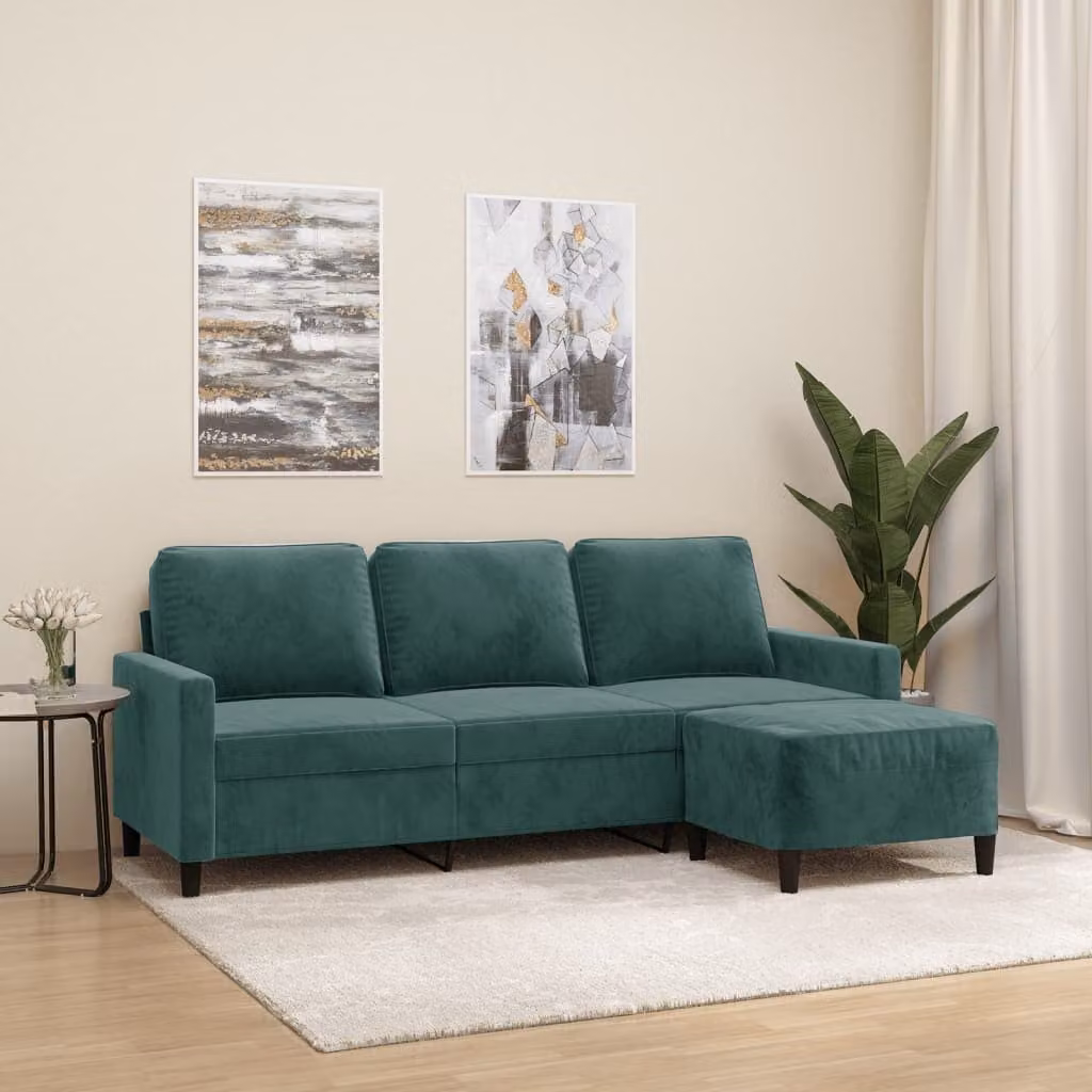 vidaXL Divano a 3 Posti in Velluto Verde con Poggiapiedi Coordinato L: 198 cm, P: 80 cm, H: 77 cm – 1