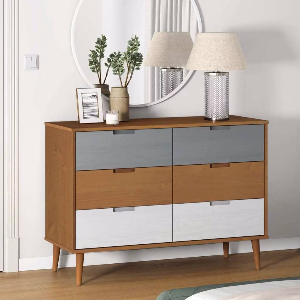 The Living Store Cassettiera MOLDE Brown 113x40x80 cm in legno di pino massiccio