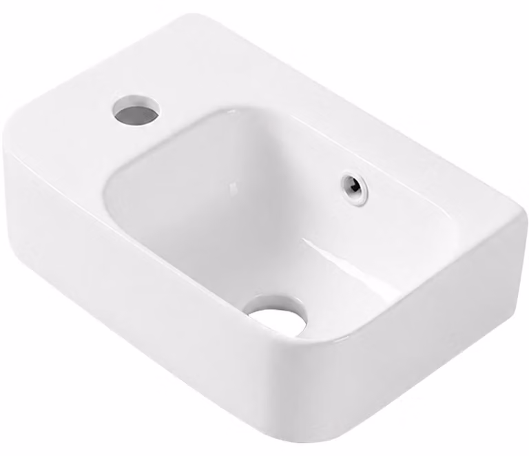 Lavabo in Vetroceramica Pulo, modello sospeso, lato sinistro, bianco lucido, dimensioni 37x25 cm