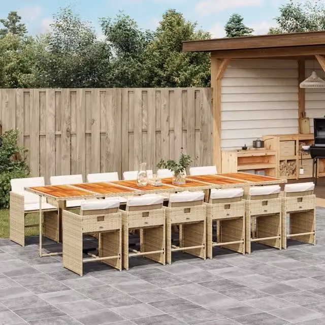 Set da pranzo da giardino vidaXL in polyrattan e legno di acacia con 13 pezzi e cuscini beige