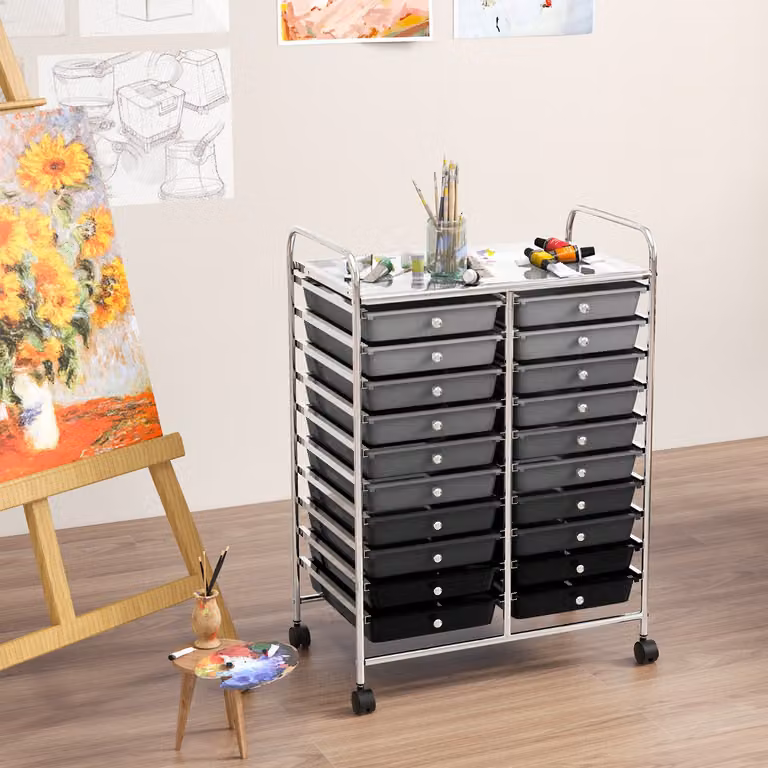 Carrello contenitore Costway con 20 cassetti impilabili in metallo e ruote, colore nero