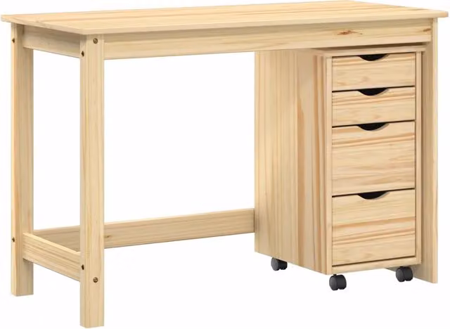 Set Scrivania MOSS composta da Tavolo da Ufficio e Mobiletto su Ruote in Legno, Colore Marrone e Beige