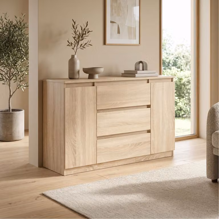 Comodà Masseno NUDO da 120 cm con 3 cassetti e 2 ante per soggiorno e camera da letto, stile moderno, 120x39x78,5 cm, rovere Sonoma / rovere Sonoma