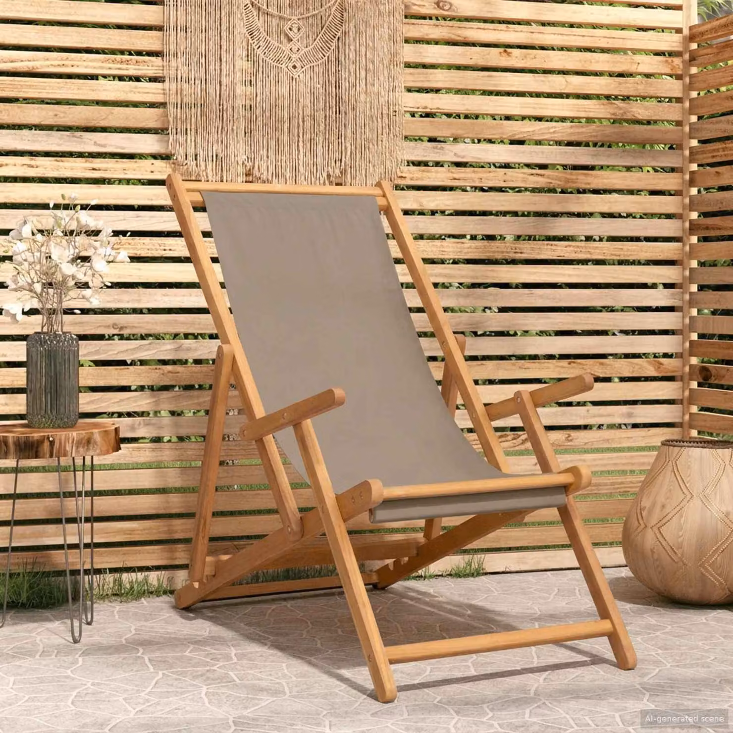 Sedia da spiaggia vidaXL in legno di teak con tessuto resistente ai raggi UV colore beige/grigio