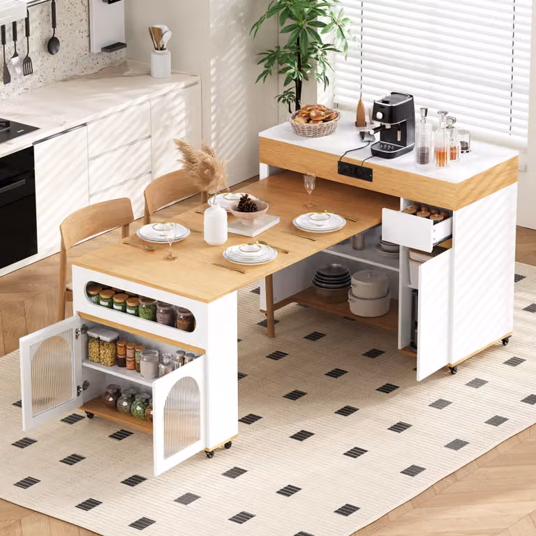 Isola da cucina Okwish, tavolo da pranzo estendibile con piano allungabile, tavolo da cucina con ruote e pensile, tavolo pieghevole con presa di corrente per cucina e sala da pranzo, bianco
