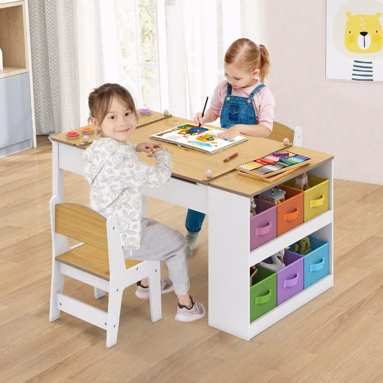 Costway Tavolo multifunzione per bambini in legno con piano inclinabile e rotolo di carta, Set tavolo da disegno e cavalletto stile scandinavo, Naturale