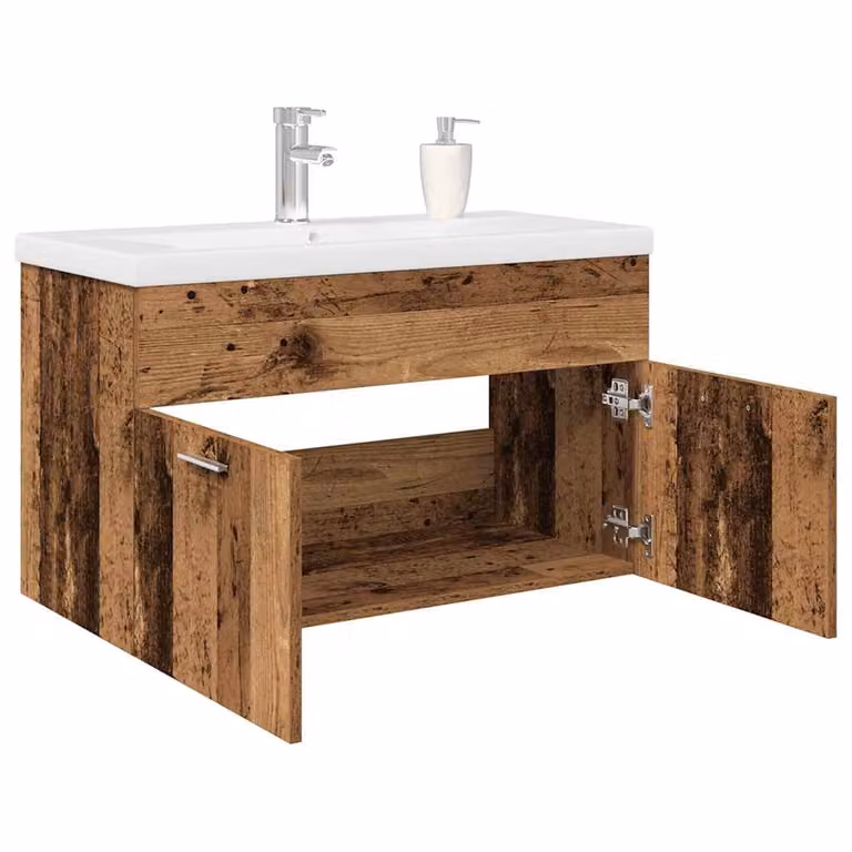 Mobile da bagno sospeso vidaXL in legno bianco e marrone con lavabo integrato e ripiani interni