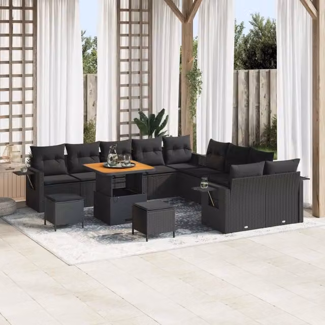 Set Divano da Giardino vidaXL 13 pz in Polyrattan Nero con Legno di Acacia – 1
