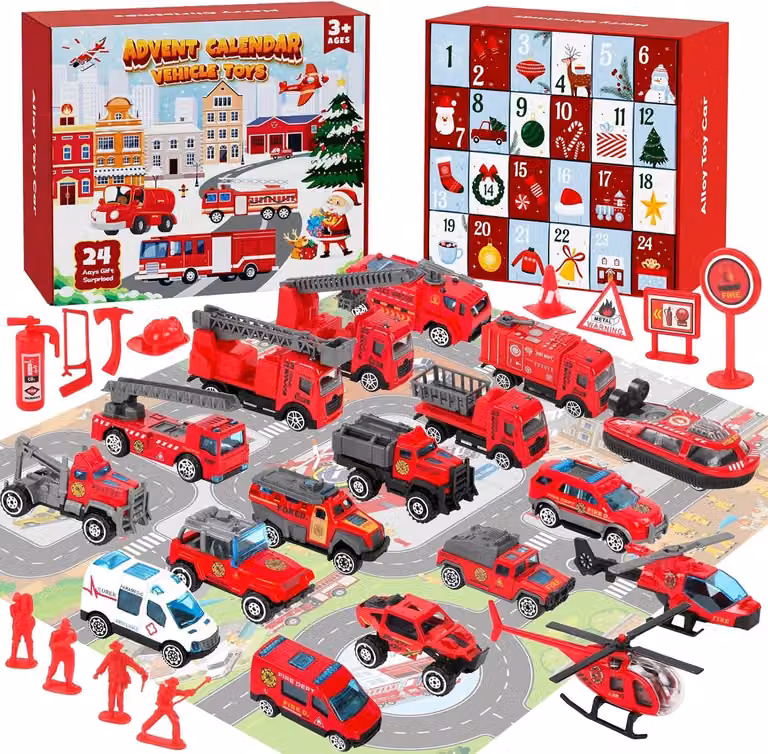 Calendario dell'Avvento 2025 - Macchinina per bambini - 24 calendari dell'Avvento per ragazzi - Giocattoli con 18 camion dei pompieri e accessori - Calendario dell'Avvento da riempire