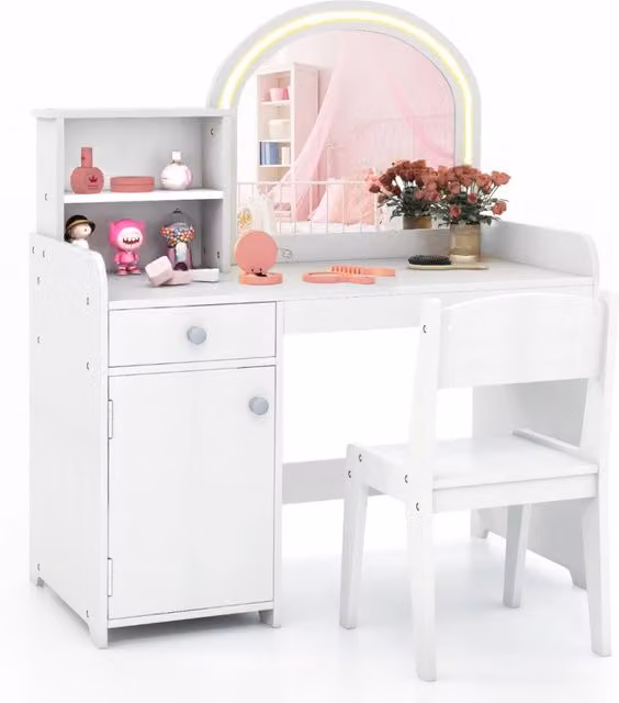Set tavolo da trucco per bambini con sedia mensole cassetto e anta, Toeletta da trucco in legno con luci LED Bianco