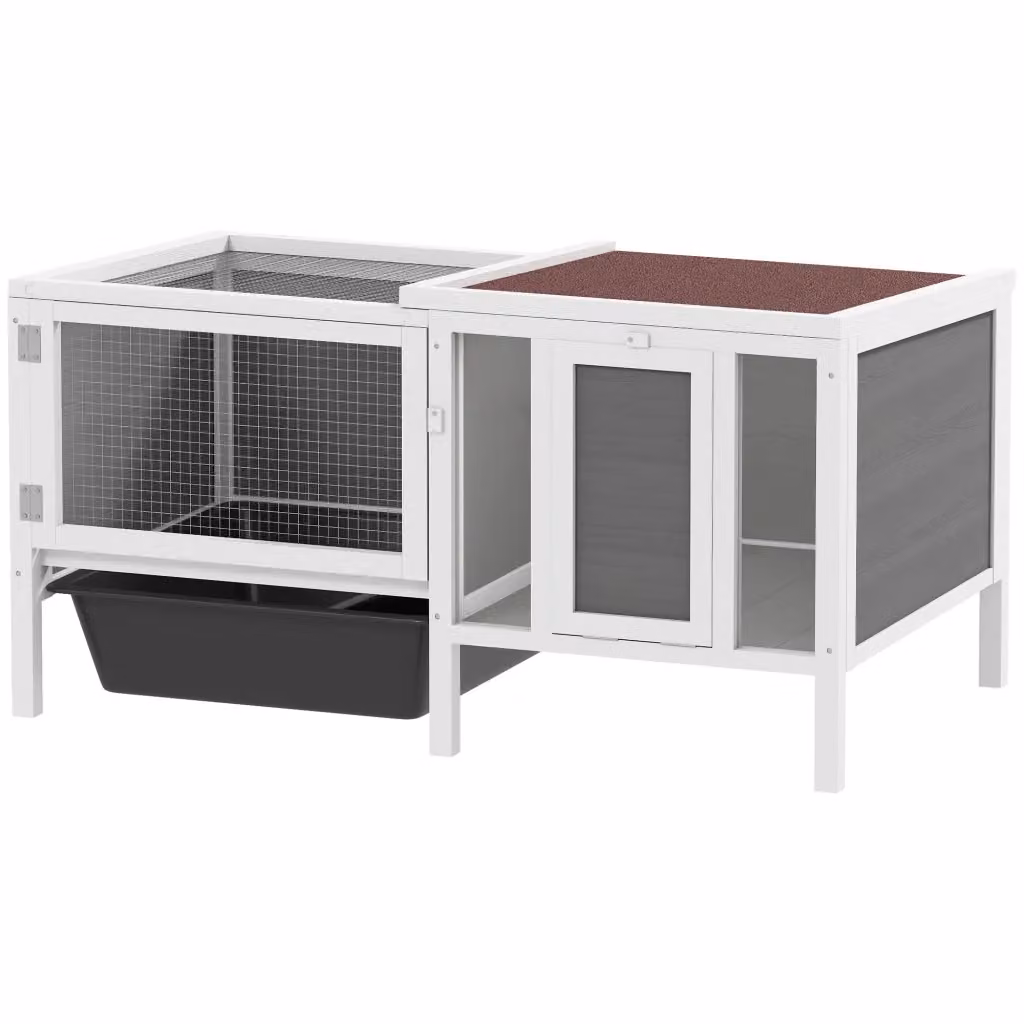 Conigliera da Giardino Minimal con Casetta e Vassoio in Legno di Abete e Metallo, Grigio e Bianco, L: 105 cm, P: 57.5 cm, H: 51.5 cm – 2