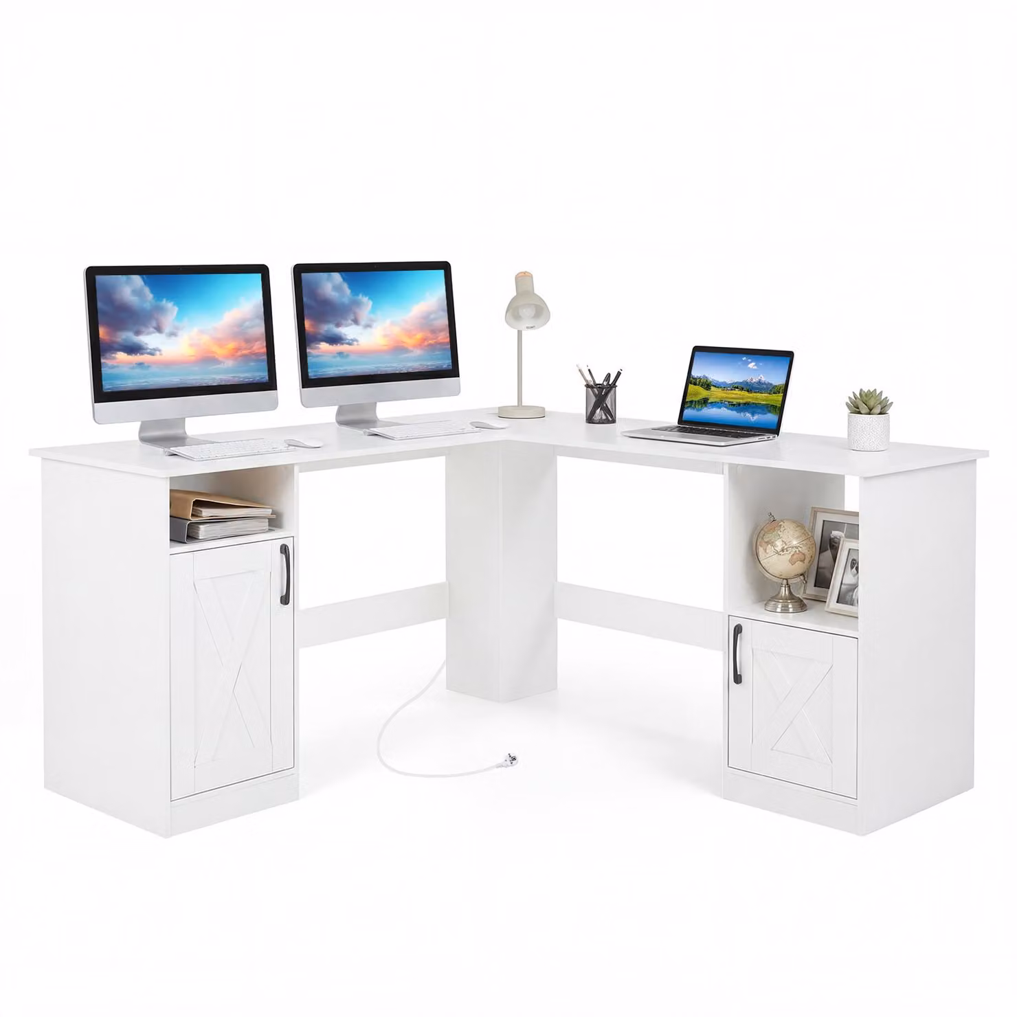 COSTWAY Scrivania a forma di L, 150x150x76 cm Scrivania angolare con 2 armadi, stazione di ricarica e 4 ripiani aperti, scrivania da ufficio in legno, per ufficio e home office Bianco