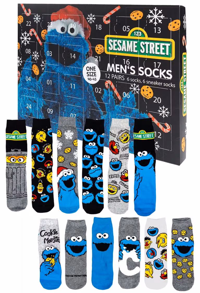Calendario dell'Avvento di Sesame Street con 12 paia di calzini taglia 40-45 da uomo; calendario natalizio con sneakers e calzini lunghi