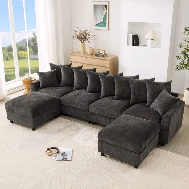 Divano angolare 6 posti ¨C Minimal ¨C grigio tessuto chenille con cuscini poggiapiedi e porta di ricarica USB Type-C
