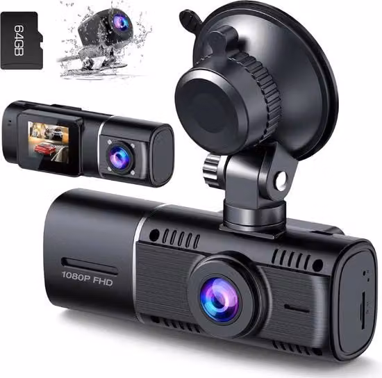 Dual Dashcam Full HD 1080P con registrazione anteriore e posteriore e salvataggio automatico, colore nero