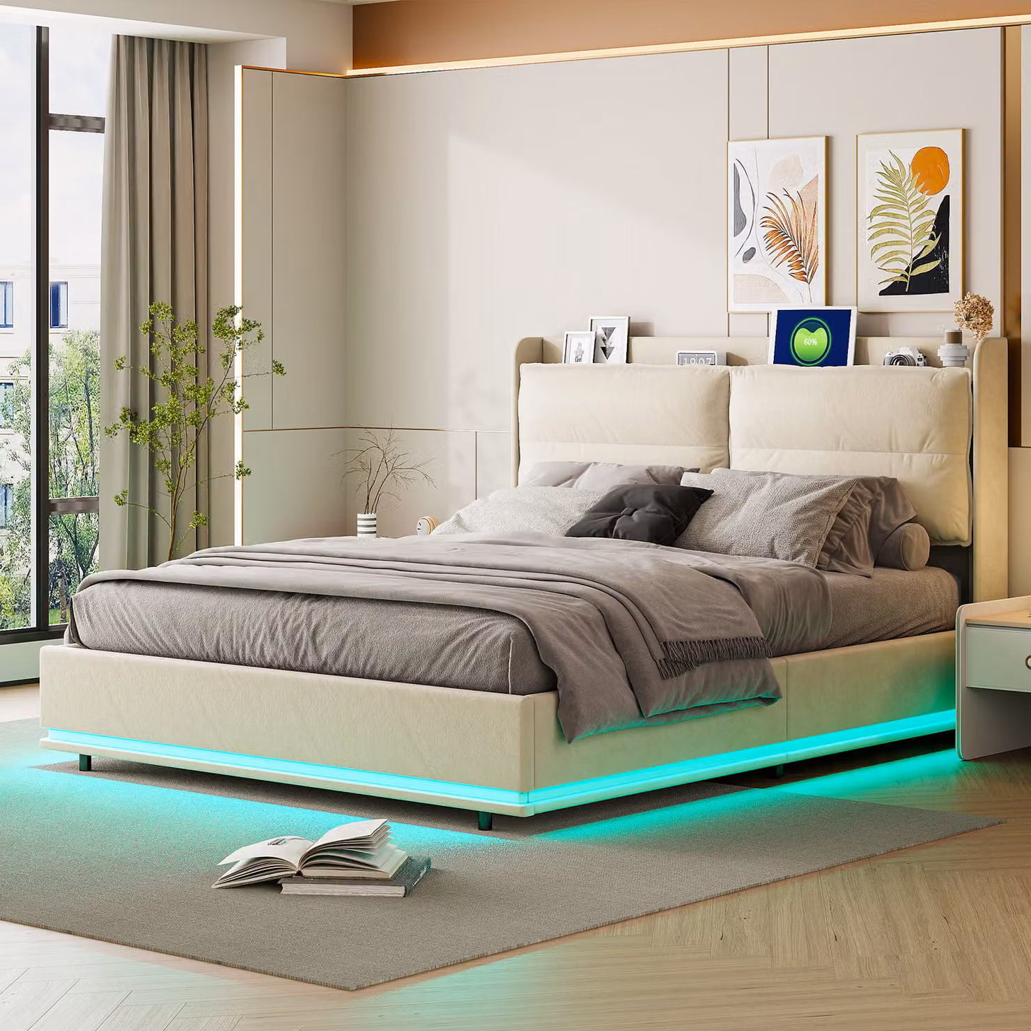 Letto imbottito ProximaX (160x200 cm) con ricarica wireless (USB e type-c), letto matrimoniale giovanile, letto contenitore con LED, molla idraulica, rivestimento in velluto, beige bianco